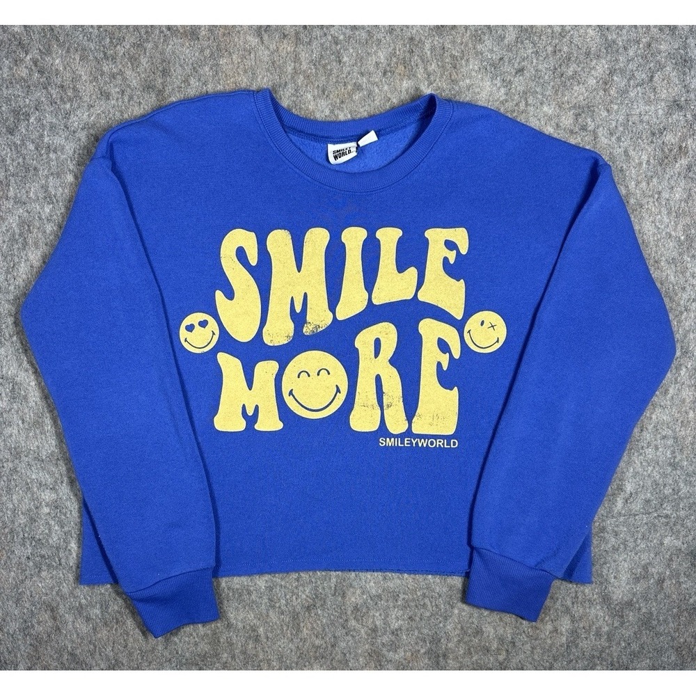 SmileyWorld Smile More Crop Sweatshirt Women's Small‎ Blue Graphic Pullover